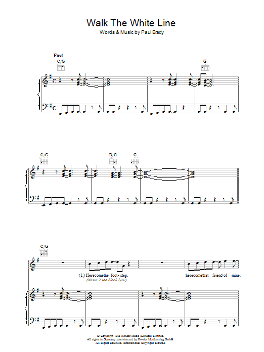 Paul Brady Walk The White Line sheet music preview music notes and score for Piano, Vocal & Guitar including 7 page(s)