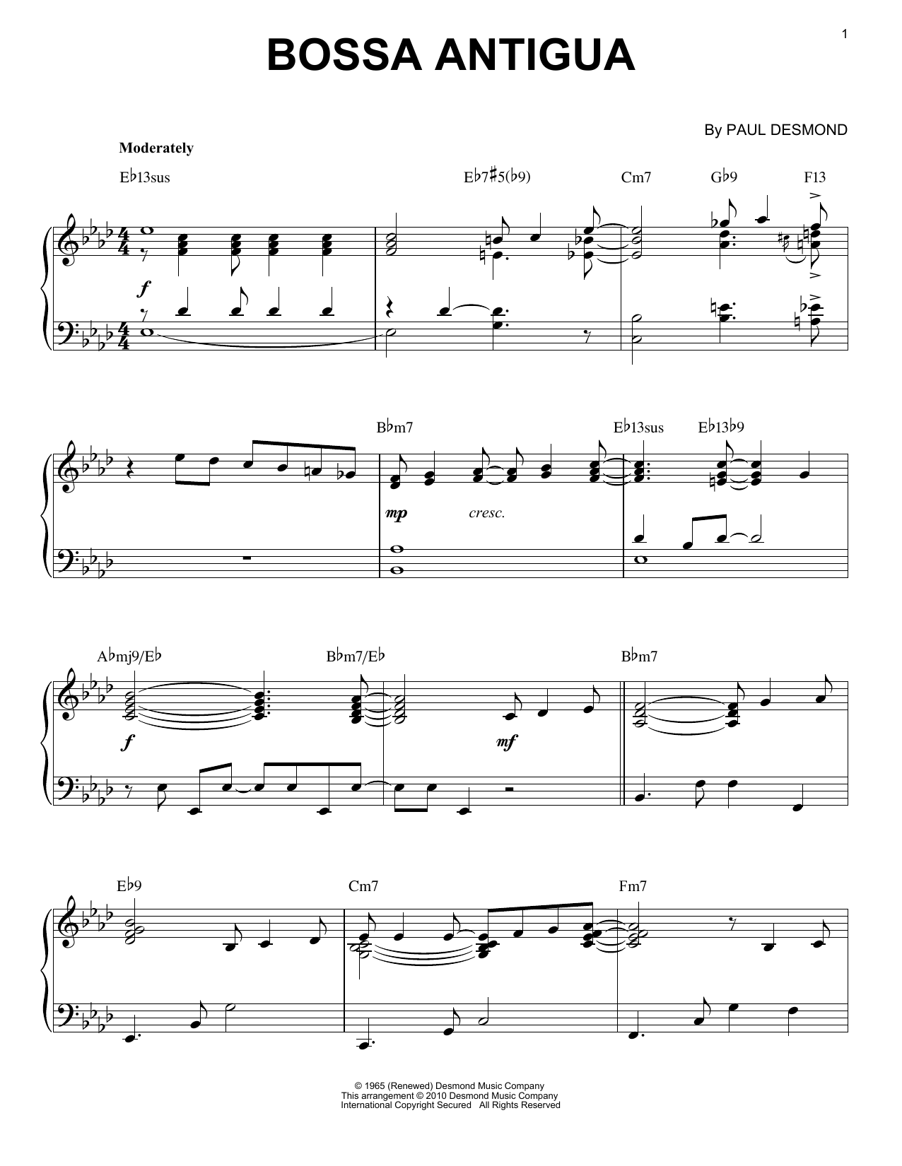 Paul Desmond Bossa Antigua [Jazz version] (arr. Brent Edstrom) sheet music preview music notes and score for Piano Solo including 5 page(s)