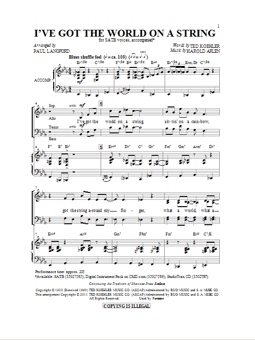 Paul Langford I've Got The World On A String sheet music preview music notes and score for SATB including 10 page(s)