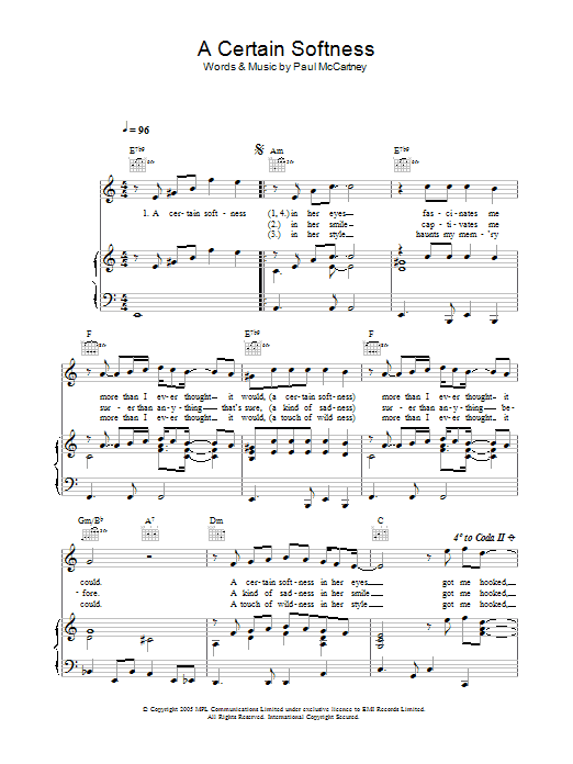 Paul McCartney A Certain Softness sheet music preview music notes and score for Piano, Vocal & Guitar (Right-Hand Melody) including 3 page(s)