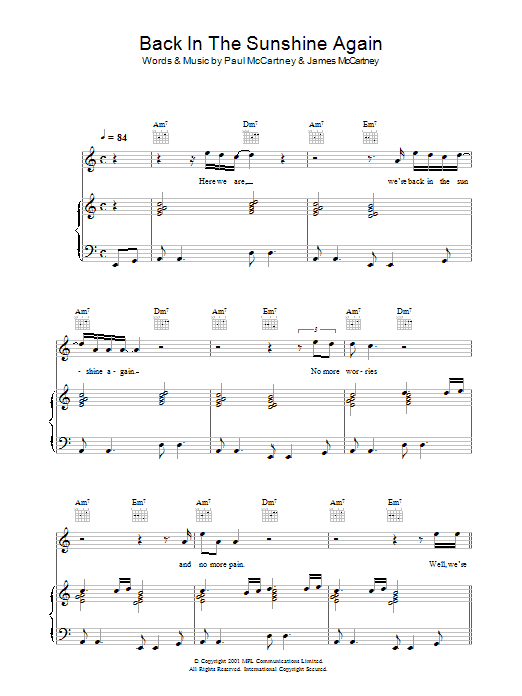 Learn to play Paul McCartney Back In The Sunshine Again sheet music for Piano, Vocal & Guitar in minutes. Paul McCartney Back In The Sunshine Again sheet music preview music notes and score for Piano, Vocal & Guitar including 5 page(s)