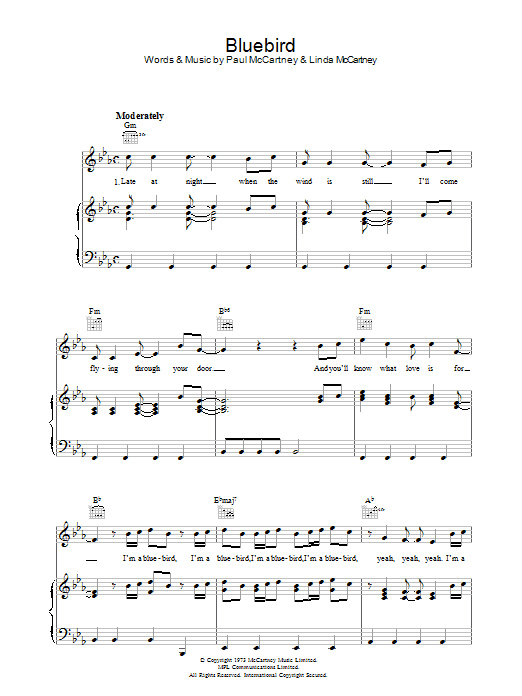 Paul McCartney Bluebird sheet music preview music notes and score for Piano, Vocal & Guitar (Right-Hand Melody) including 3 page(s)