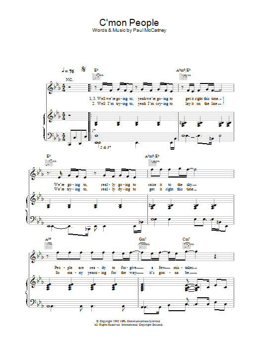 Learn to play Paul McCartney C'mon People sheet music for Piano, Vocal & Guitar in minutes. Paul McCartney C'mon People sheet music preview music notes and score for Piano, Vocal & Guitar including 5 page(s)