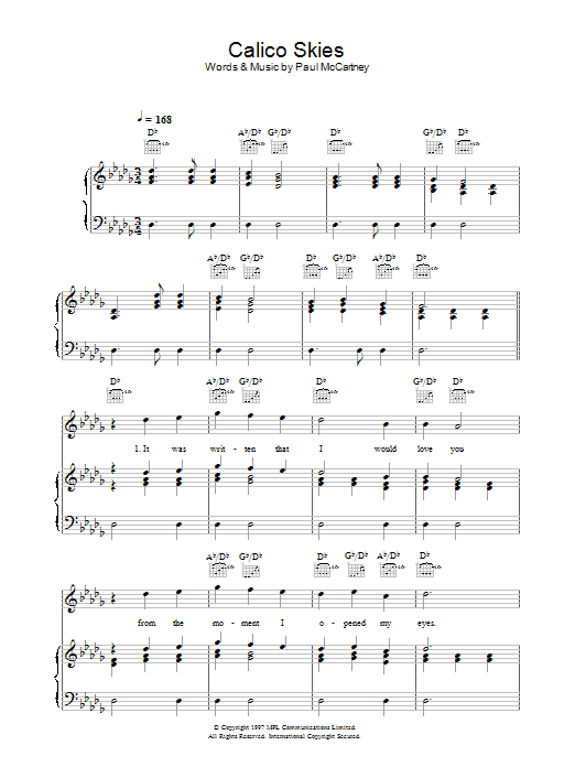 Learn to play Paul McCartney Calico Skies sheet music for Piano, Vocal & Guitar (Right-Hand Melody) in minutes. Paul McCartney Calico Skies sheet music preview music notes and score for Piano, Vocal & Guitar (Right-Hand Melody) including 6 page(s)