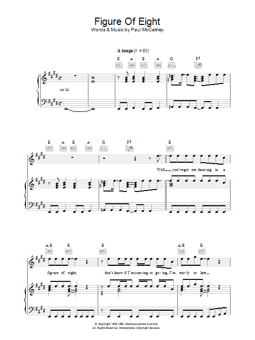 Paul McCartney Figure Of Eight sheet music preview music notes and score for Piano, Vocal & Guitar (Right-Hand Melody) including 5 page(s)