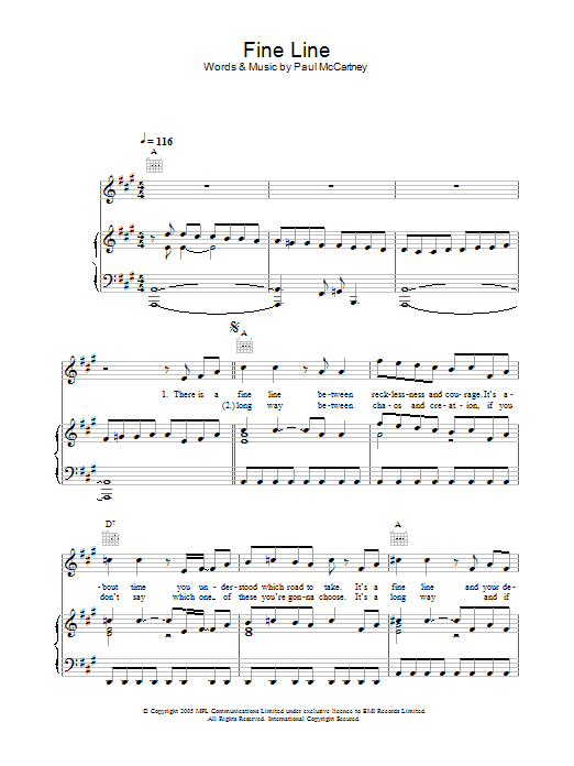 Paul McCartney Fine Line sheet music preview music notes and score for Piano, Vocal & Guitar (Right-Hand Melody) including 6 page(s)