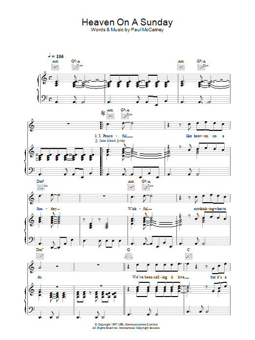 Learn to play Paul McCartney Heaven On A Sunday sheet music for Piano, Vocal & Guitar (Right-Hand Melody) in minutes. Paul McCartney Heaven On A Sunday sheet music preview music notes and score for Piano, Vocal & Guitar (Right-Hand Melody) including 4 page(s)