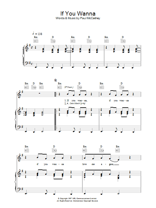 Learn to play Paul McCartney If You Wanna sheet music for Piano, Vocal & Guitar (Right-Hand Melody) in minutes. Paul McCartney If You Wanna sheet music preview music notes and score for Piano, Vocal & Guitar (Right-Hand Melody) including 6 page(s)