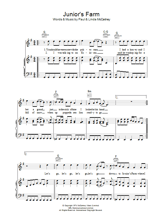Paul McCartney Junior's Farm sheet music preview music notes and score for Piano, Vocal & Guitar (Right-Hand Melody) including 5 page(s)