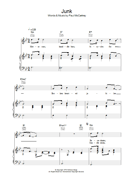 Learn to play Paul McCartney Junk sheet music for Piano, Vocal & Guitar (Right-Hand Melody) in minutes. Paul McCartney Junk sheet music preview music notes and score for Piano, Vocal & Guitar (Right-Hand Melody) including 4 page(s)