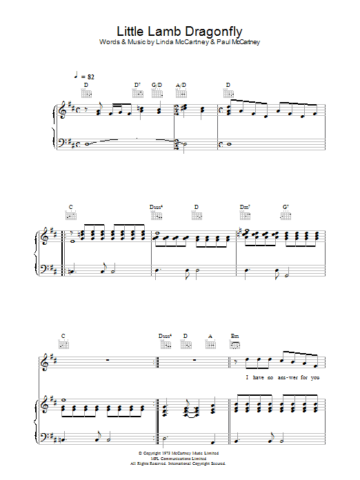 Learn to play Paul McCartney Little Lamb Dragonfly sheet music for Piano, Vocal & Guitar in minutes. Paul McCartney Little Lamb Dragonfly sheet music preview music notes and score for Piano, Vocal & Guitar including 7 page(s)