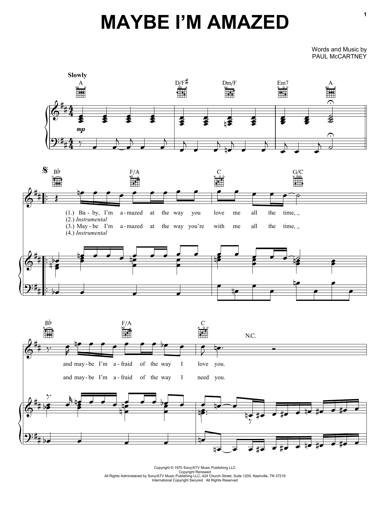 Paul McCartney Maybe I'm Amazed sheet music preview music notes and score for Piano, Vocal & Guitar (Right-Hand Melody) including 3 page(s)