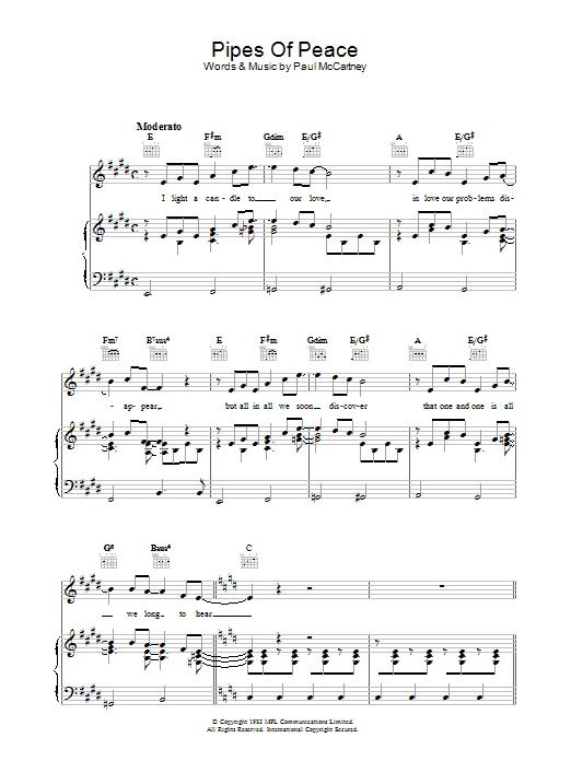 Learn to play Paul McCartney Pipes Of Peace sheet music for Piano, Vocal & Guitar (Right-Hand Melody) in minutes. Paul McCartney Pipes Of Peace sheet music preview music notes and score for Piano, Vocal & Guitar (Right-Hand Melody) including 4 page(s)