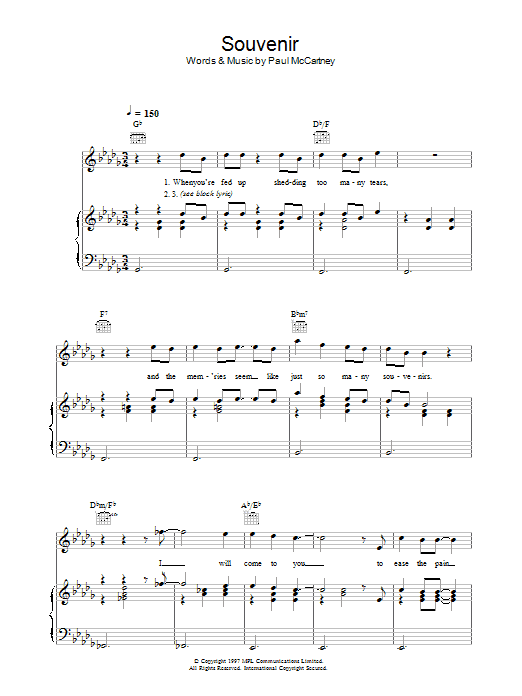 Learn to play Paul McCartney Souvenir sheet music for Piano, Vocal & Guitar (Right-Hand Melody) in minutes. Paul McCartney Souvenir sheet music preview music notes and score for Piano, Vocal & Guitar (Right-Hand Melody) including 5 page(s)