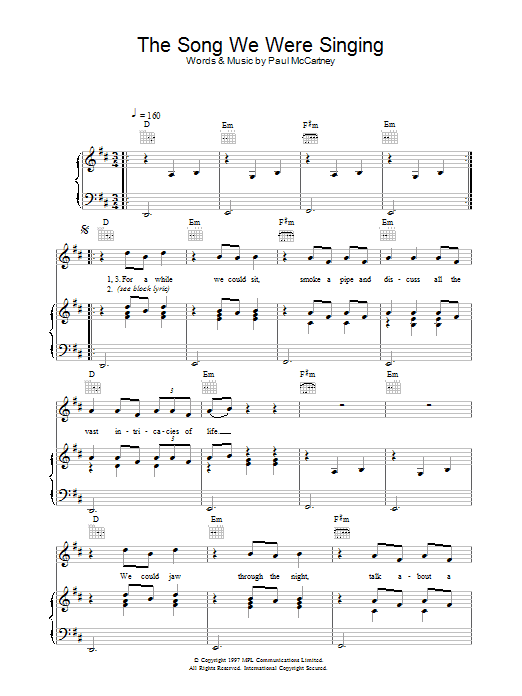 Learn to play Paul McCartney The Song We Were Singing sheet music for Piano, Vocal & Guitar (Right-Hand Melody) in minutes. Paul McCartney The Song We Were Singing sheet music preview music notes and score for Piano, Vocal & Guitar (Right-Hand Melody) including 7 page(s)