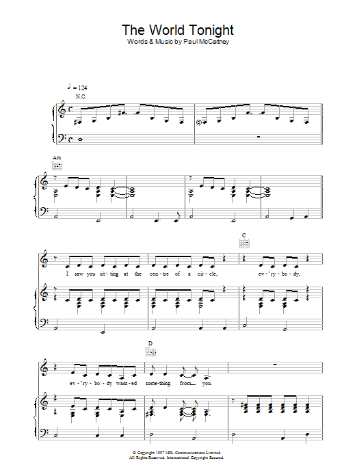 Learn to play Paul McCartney The World Tonight sheet music for Piano, Vocal & Guitar (Right-Hand Melody) in minutes. Paul McCartney The World Tonight sheet music preview music notes and score for Piano, Vocal & Guitar (Right-Hand Melody) including 5 page(s)