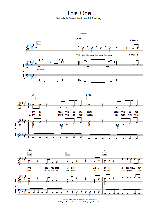 Paul McCartney This One sheet music preview music notes and score for Piano, Vocal & Guitar (Right-Hand Melody) including 5 page(s)