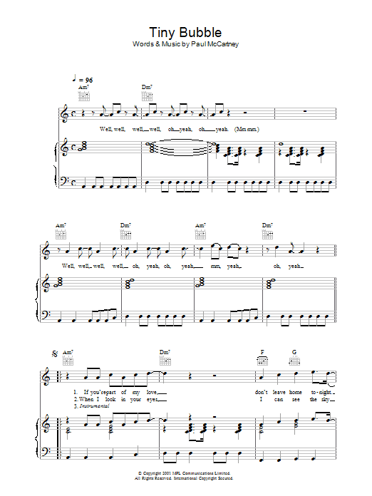 Paul McCartney Tiny Bubble sheet music preview music notes and score for Piano, Vocal & Guitar including 4 page(s)