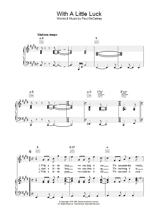Paul McCartney With A Little Luck sheet music preview music notes and score for Piano, Vocal & Guitar (Right-Hand Melody) including 4 page(s)