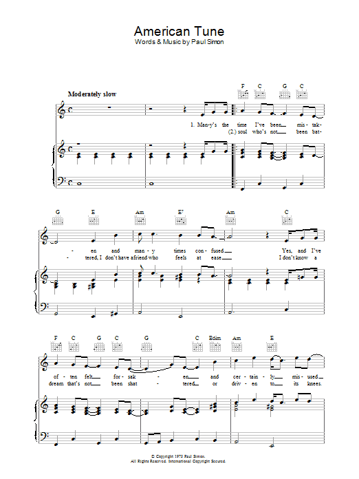 Paul Simon American Tune sheet music preview music notes and score for Lyrics & Chords including 2 page(s)