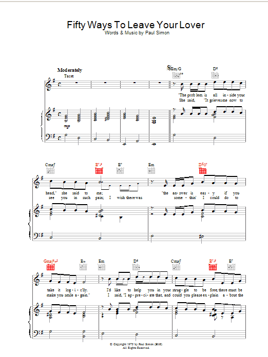Paul Simon Fifty Ways To Leave Your Lover sheet music preview music notes and score for Lyrics & Chords including 3 page(s)