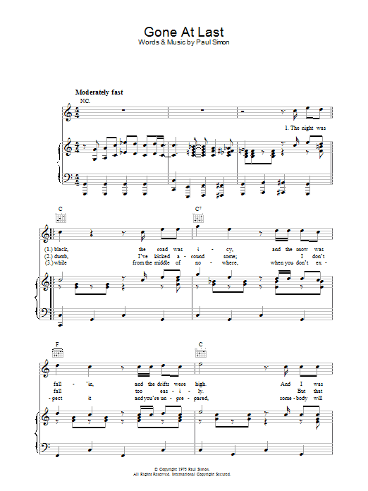Paul Simon Gone At Last sheet music preview music notes and score for Piano, Vocal & Guitar (Right-Hand Melody) including 4 page(s)