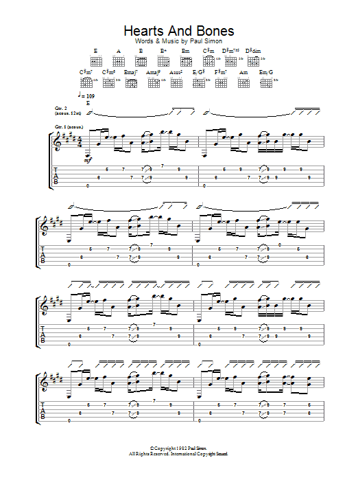 Paul Simon Hearts And Bones sheet music preview music notes and score for Piano, Vocal & Guitar including 13 page(s)