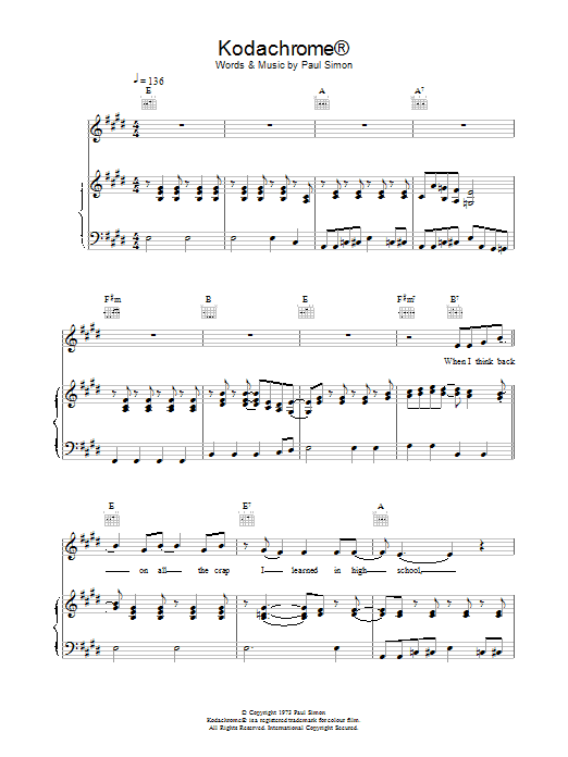 Paul Simon Kodachrome™ sheet music preview music notes and score for Piano, Vocal & Guitar (Right-Hand Melody) including 7 page(s)