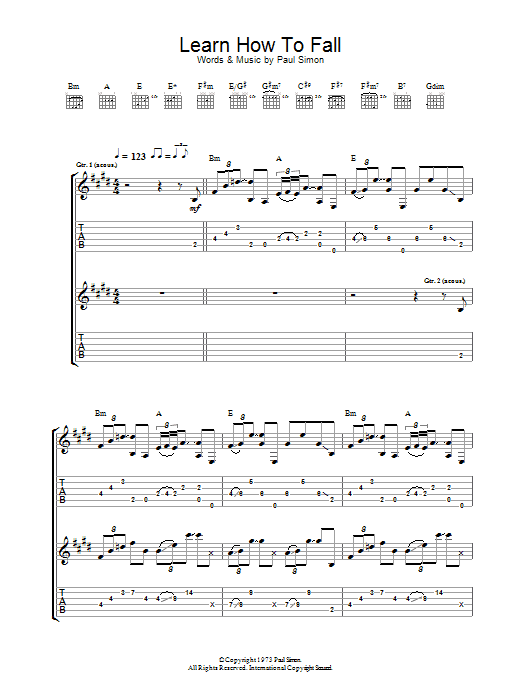 Paul Simon Learn How To Fall sheet music preview music notes and score for Piano, Vocal & Guitar (Right-Hand Melody) including 6 page(s)