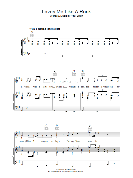 Paul Simon Loves Me Like A Rock sheet music preview music notes and score for Lyrics & Chords including 3 page(s)