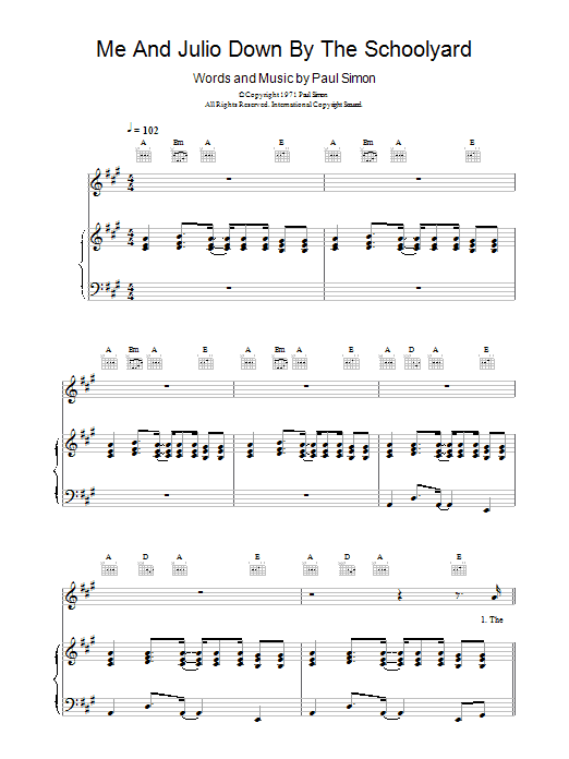 Paul Simon Me And Julio Down By The Schoolyard sheet music preview music notes and score for Lyrics & Chords including 2 page(s)