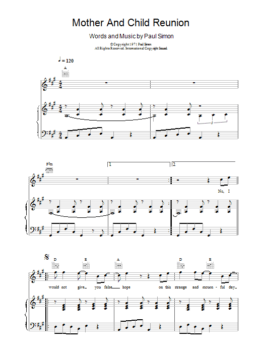 Paul Simon Mother And Child Reunion sheet music preview music notes and score for Lyrics & Chords including 2 page(s)