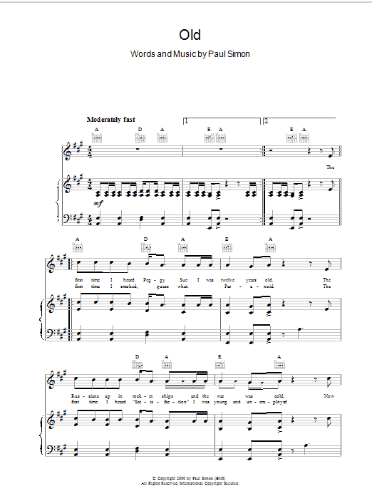 Paul Simon Old sheet music preview music notes and score for Piano, Vocal & Guitar (Right-Hand Melody) including 5 page(s)