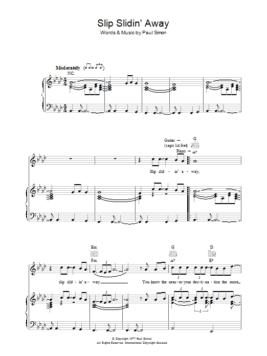 Learn to play Paul Simon Slip Slidin' Away sheet music for Piano, Vocal & Guitar (Right-Hand Melody) in minutes. Paul Simon Slip Slidin' Away sheet music preview music notes and score for Piano, Vocal & Guitar (Right-Hand Melody) including 6 page(s)