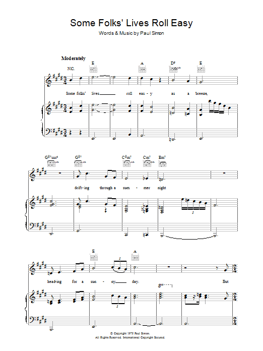 Paul Simon Some Folks' Lives Roll Easy sheet music preview music notes and score for Piano, Vocal & Guitar (Right-Hand Melody) including 5 page(s)