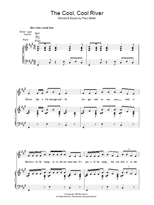 Paul Simon The Cool, Cool River sheet music preview music notes and score for Piano, Vocal & Guitar (Right-Hand Melody) including 11 page(s)