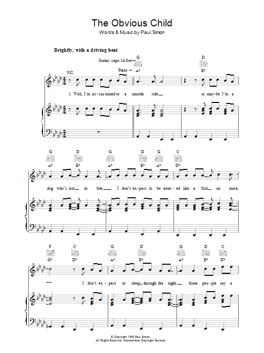 Paul Simon The Obvious Child sheet music preview music notes and score for Piano, Vocal & Guitar (Right-Hand Melody) including 12 page(s)