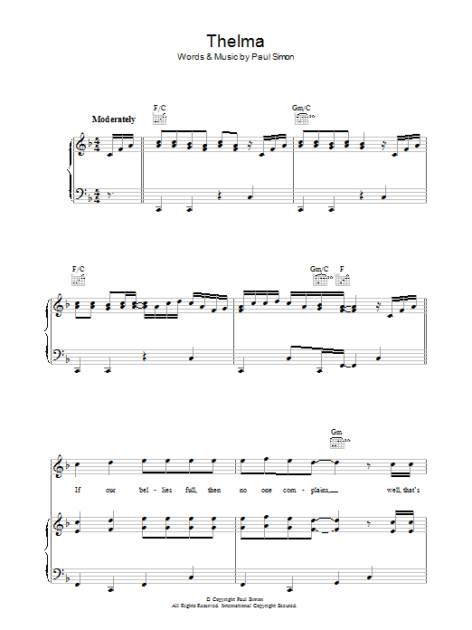 Paul Simon Thelma sheet music preview music notes and score for Piano, Vocal & Guitar (Right-Hand Melody) including 12 page(s)