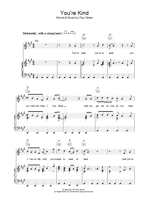 Paul Simon You're Kind sheet music preview music notes and score for Piano, Vocal & Guitar (Right-Hand Melody) including 5 page(s)