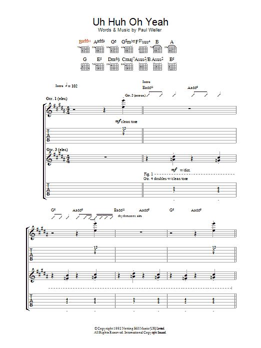 Paul Weller Uh Huh Oh Yeh sheet music preview music notes and score for Guitar Tab including 8 page(s)