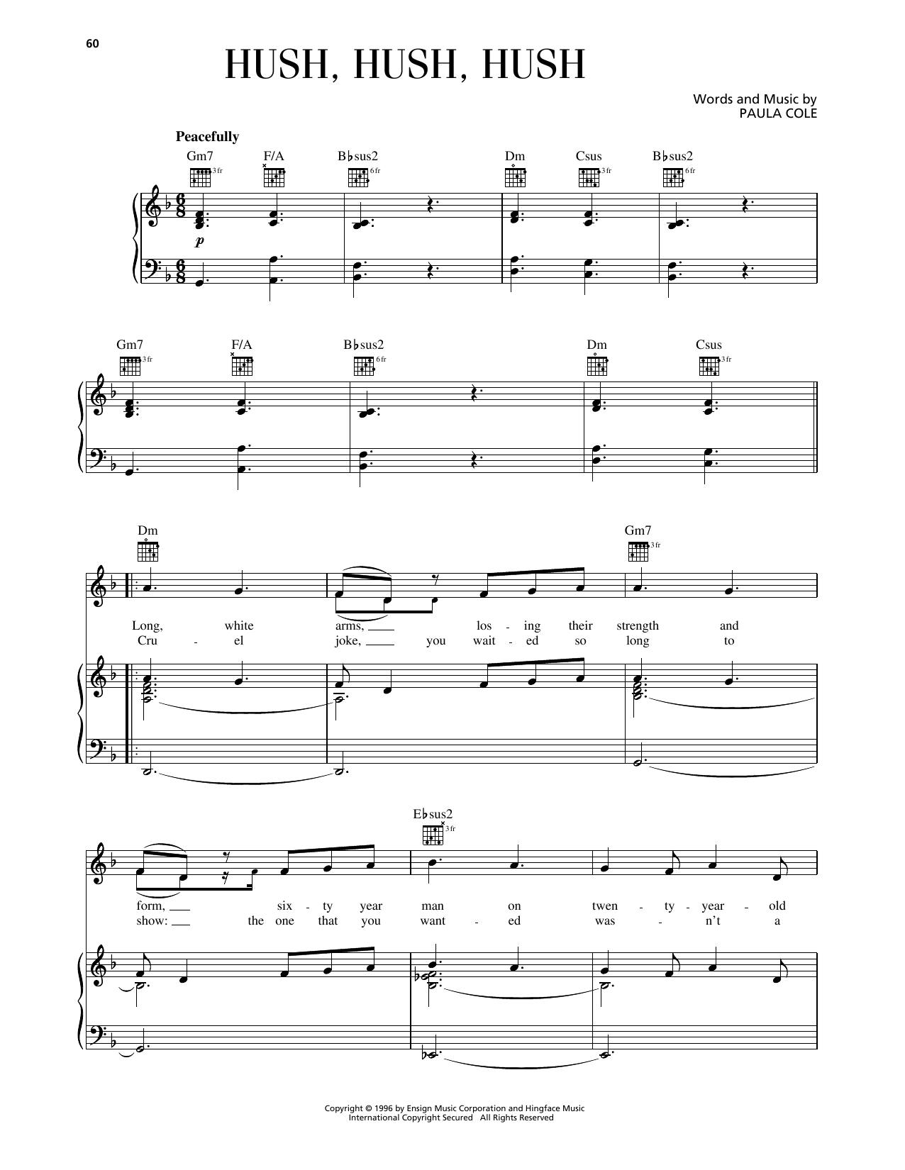 Paula Cole Hush, Hush, Hush sheet music, chords, lyrics - Printable PDF for Piano, Vocal & Guitar Chords (Right-Hand Melody)