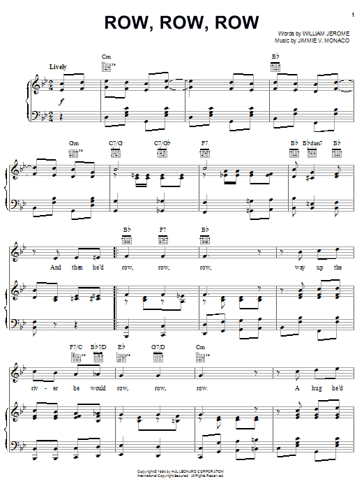 Pearl Bailey Row, Row, Row sheet music, chords, lyrics - Printable PDF for Piano, Vocal & Guitar (Right-Hand Melody)