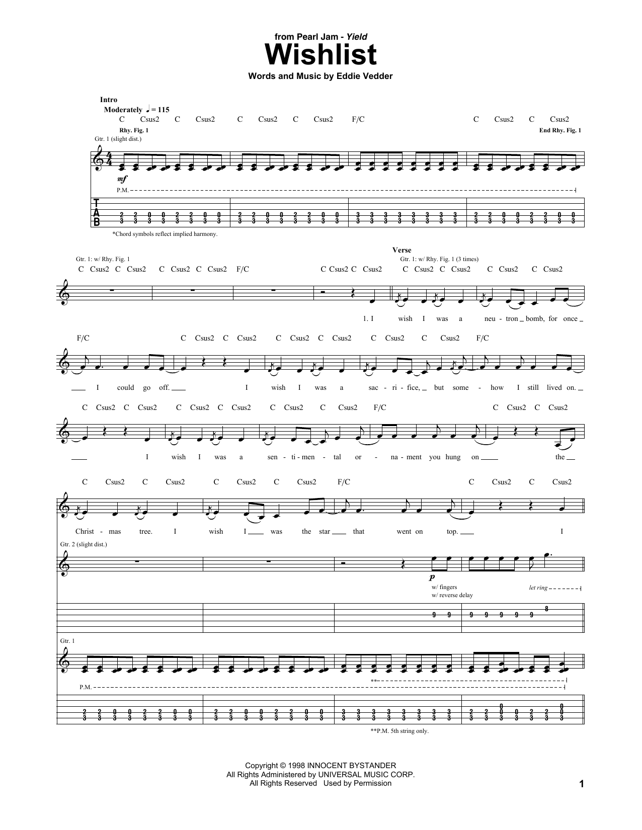 Pearl Jam Wishlist sheet music, chords, lyrics - Printable PDF for Guitar Tab