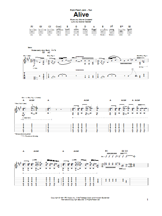 Pearl Jam Alive sheet music preview music notes and score for Melody Line, Lyrics & Chords including 3 page(s)