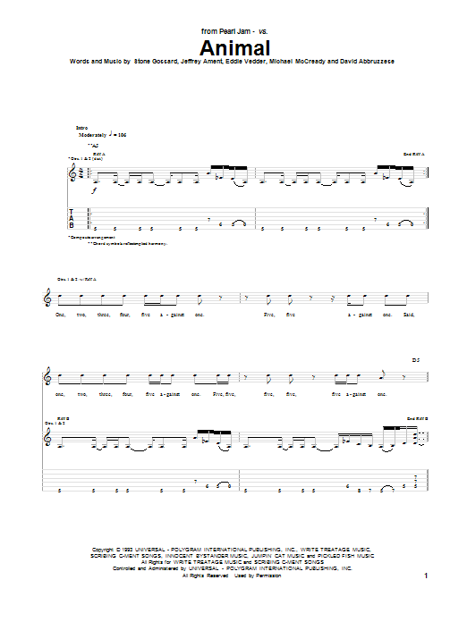 Learn to play Pearl Jam Animal sheet music for Guitar Tab in minutes. Pearl Jam Animal sheet music preview music notes and score for Guitar Tab including 9 page(s)