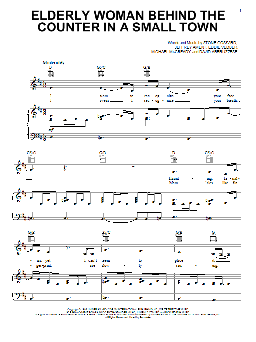 Learn to play Pearl Jam Elderly Woman Behind The Counter In A Small Town sheet music for Guitar Tab in minutes. Pearl Jam Elderly Woman Behind The Counter In A Small Town sheet music preview music notes and score for Guitar Tab including 15 page(s)