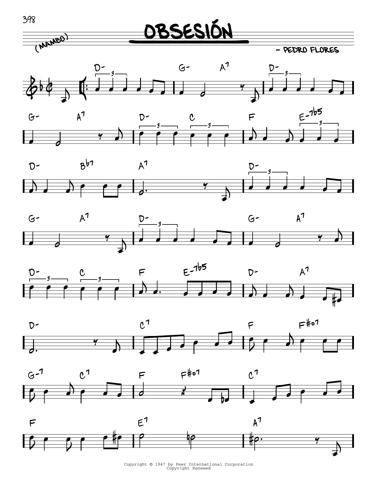 Learn to play Pedro Flores Obsesión sheet music for Real Book – Melody & Chords in minutes. Pedro Flores Obsesión sheet music preview music notes and score for Real Book – Melody & Chords including 2 page(s)