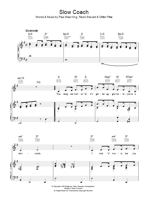 Pee Wee King Slow Coach sheet music preview music notes and score for Piano, Vocal & Guitar (Right-Hand Melody) including 4 page(s)