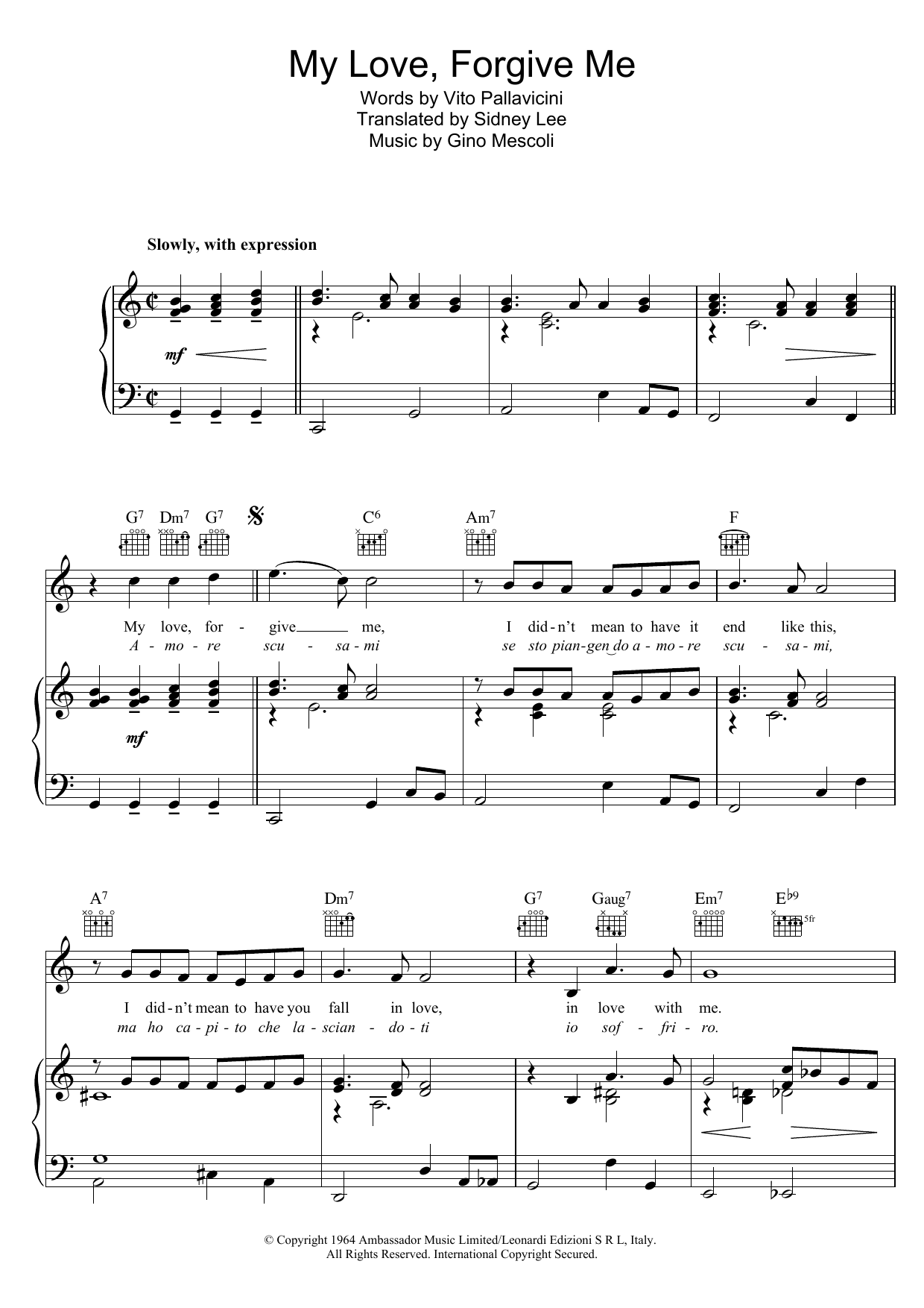 Peggy Lee My Love Forgive Me (Amore Scusami) sheet music, chords, lyrics - Printable PDF for Piano, Vocal & Guitar (Right-Hand Melody)