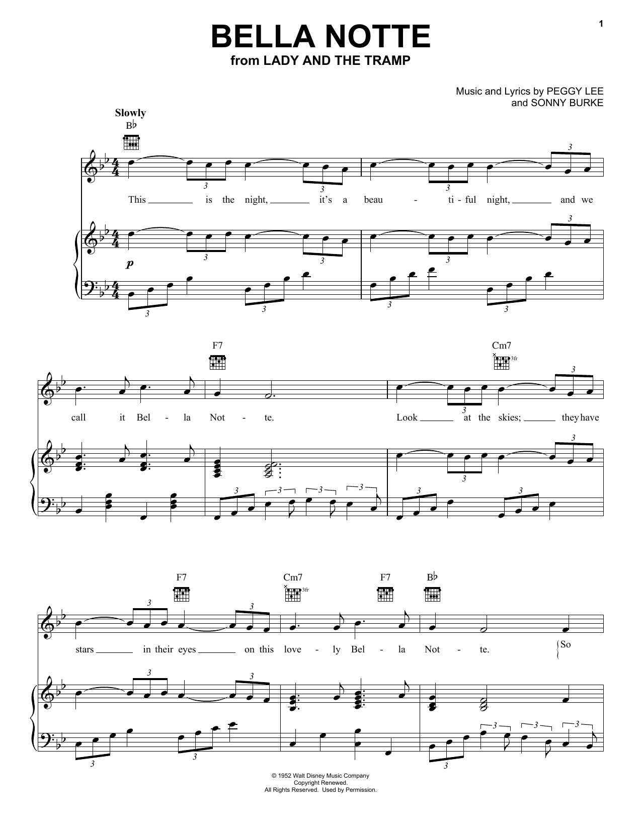 Learn to play Peggy Lee Bella Notte (This Is The Night) (from Lady and the Tramp) sheet music for Piano, Vocal & Guitar (Right-Hand Melody) in minutes. Peggy Lee Bella Notte (This Is The Night) (from Lady and the Tramp) sheet music preview music notes and score for Piano, Vocal & Guitar (Right-Hand Melody) including 2 page(s)